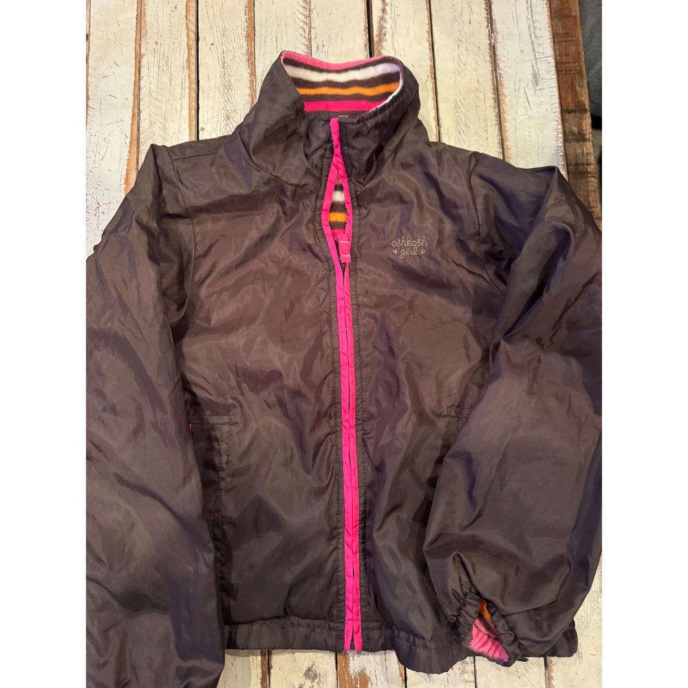 OshKosh Bgosh Girls Brown Puffer Jacket Pink Trim Fleece Lined Zip Up Coat